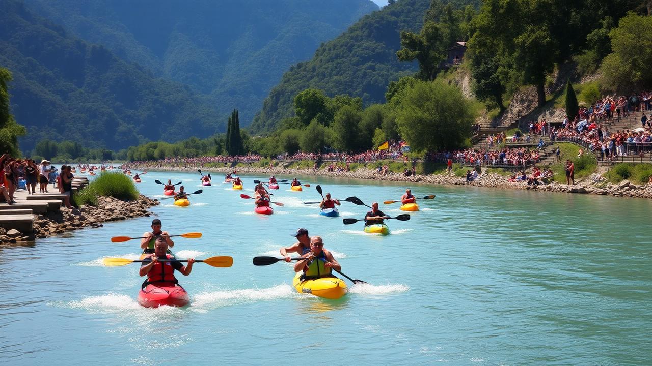 Piragüistas descendiendo el río Sella con espectadores en las orillas