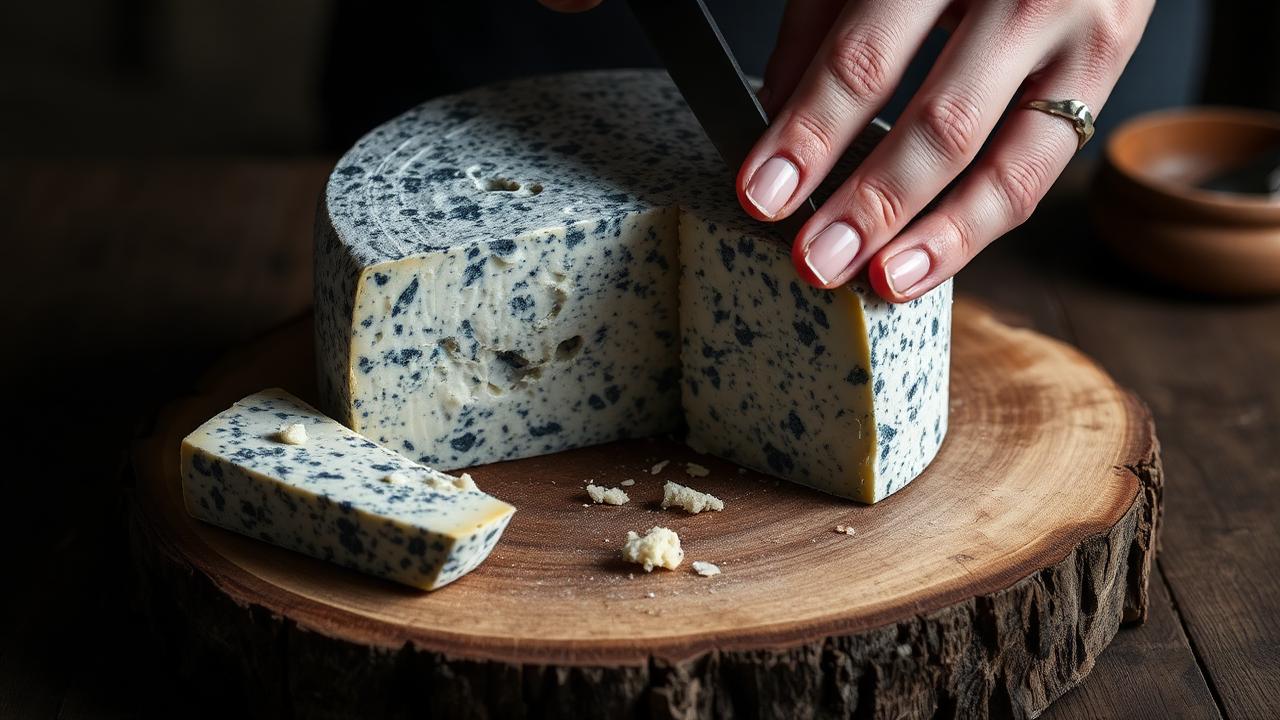Rueda de queso Cabrales siendo cortada sobre tabla de madera